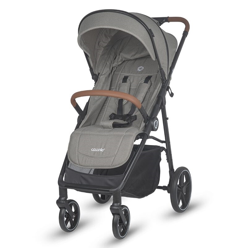 Carucior sport cu pliere automata,pozitie de somn Coccolle Finley,Roti detasabile, Spatar reglabil,Centura de siguranta in 5 puncte, Copertina XXL extensibila cu ventilatie si UV, Husa picioruse,pana 22 kg Sand Beige-Grey