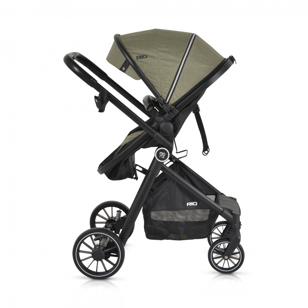 Carucior transformabil 2in1 Moni Rio Green pana la 22 kg,Cadru din aluminiu,Spatar reglabil,Scaun reversibil,Roti din spuma EVA pivotante cu amortizor si rulment,Baldachin,cu Husa picioare,Geanta,Plasa insecte,Suport pahar - 2 | YEO