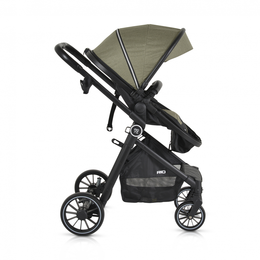 Carucior transformabil 2in1 Moni Rio Green pana la 22 kg,Cadru din aluminiu,Spatar reglabil,Scaun reversibil,Roti din spuma EVA pivotante cu amortizor si rulment,Baldachin,cu Husa picioare,Geanta,Plasa insecte,Suport pahar - 4