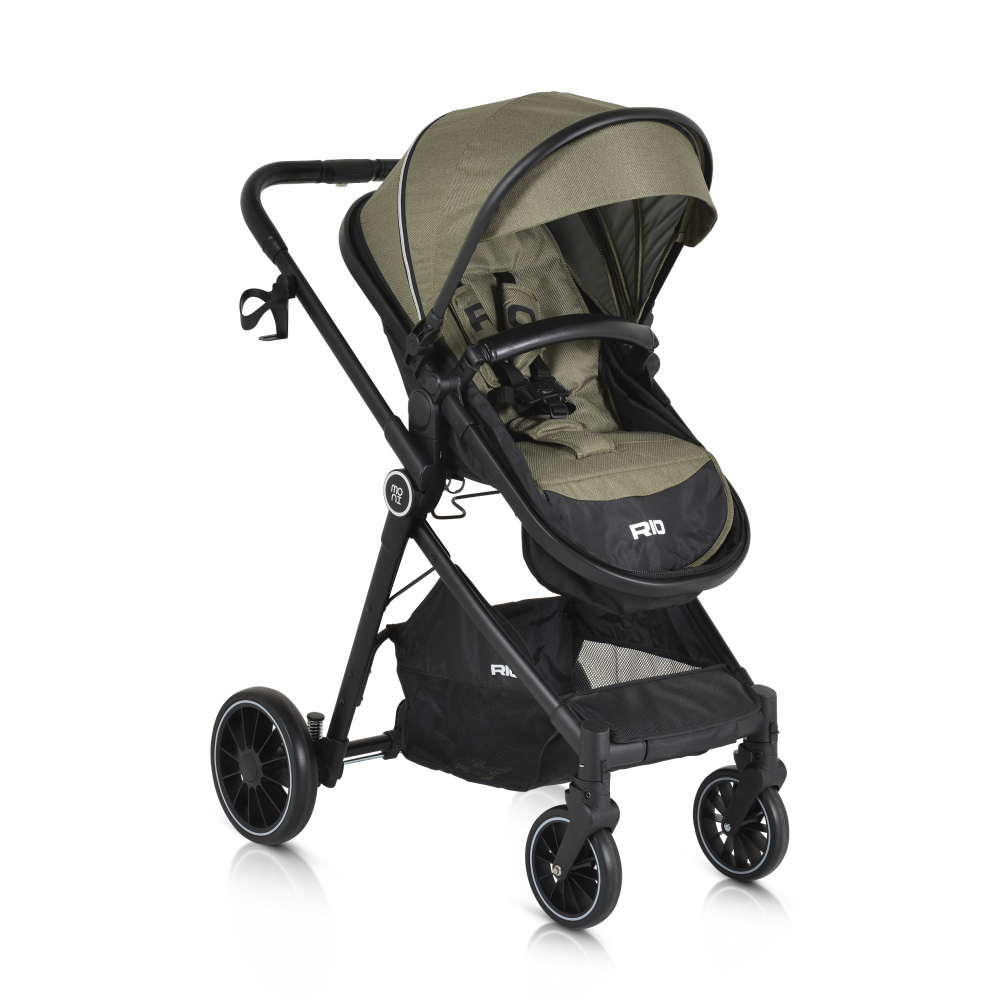 Carucior transformabil 2in1 Moni Rio Green pana la 22 kg,Cadru din aluminiu,Spatar reglabil,Scaun reversibil,Roti din spuma EVA pivotante cu amortizor si rulment,Baldachin,cu Husa picioare,Geanta,Plasa insecte,Suport pahar - 7