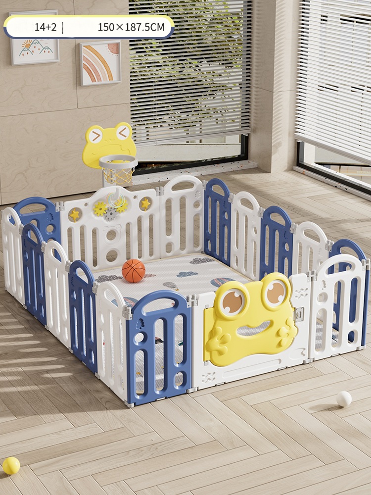 Gardulet loc de joaca pentru copii Nichiduta Garden Blue Frog, pliabil si portabil, de interiorexterior, compus din 14 panouri de gard + 2 panouri laterale cu Cos de baschet si angrenaje rotative, dimensiune 150 x 187.5cm