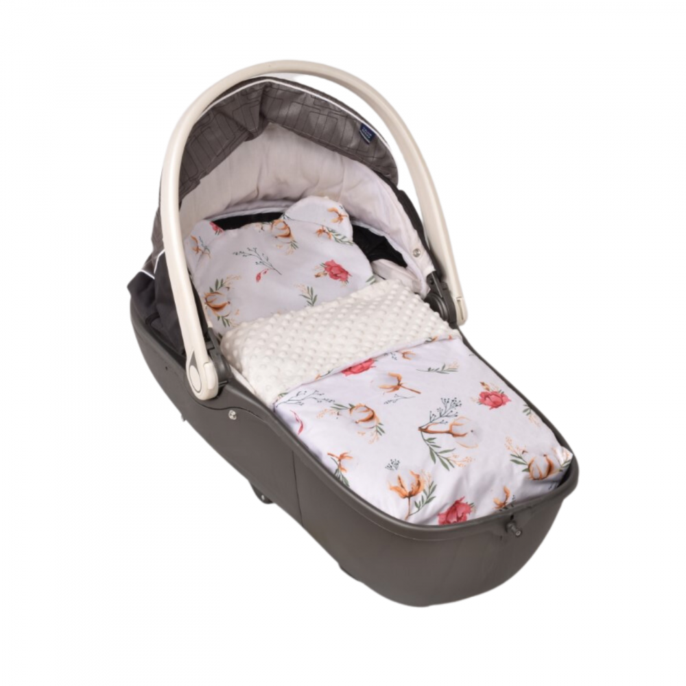 Lenjerie 2 piese cosulet si landou model flori de bumbac si plus crem