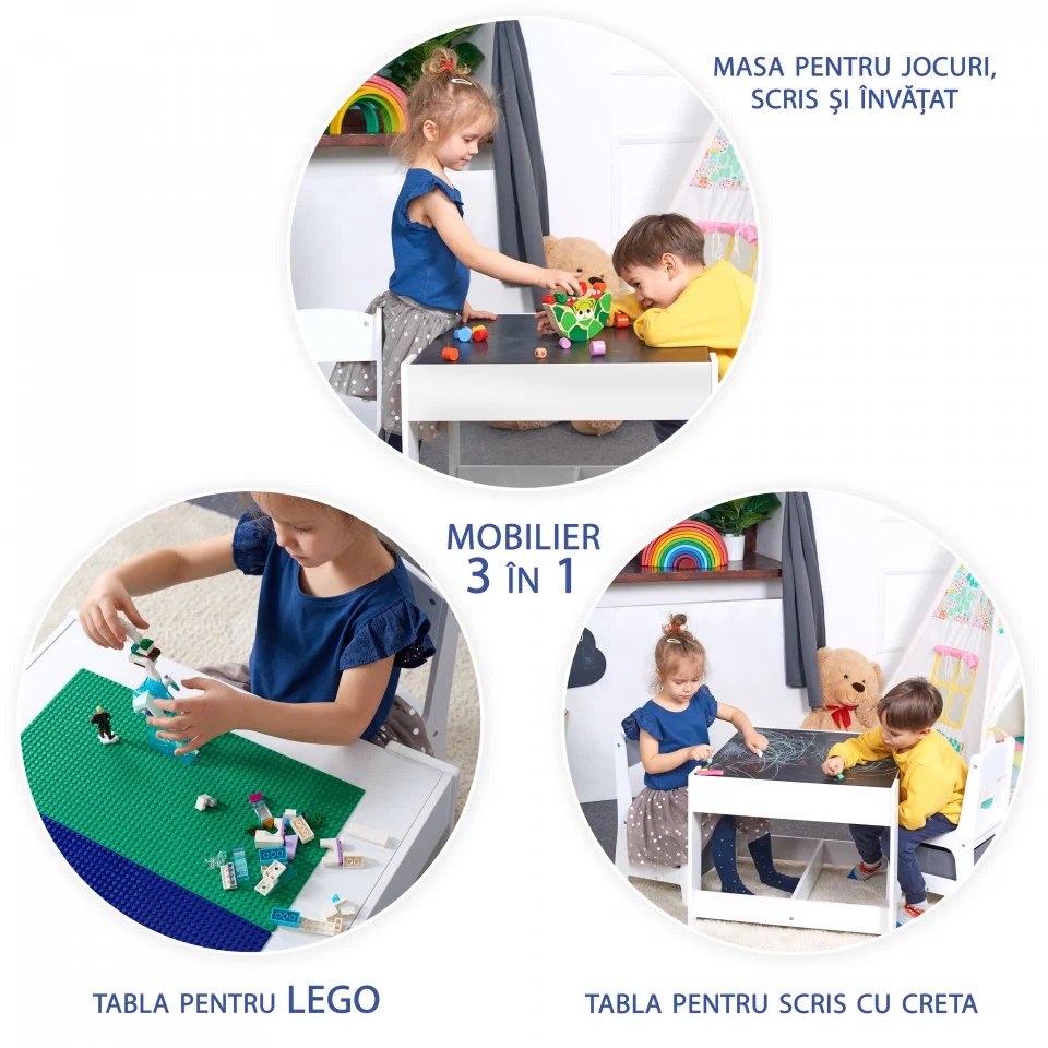 Masa cu scaune pentru copii si tabla compatibila cu piese Lego din MDF alb-gri 3-6 ani - 4