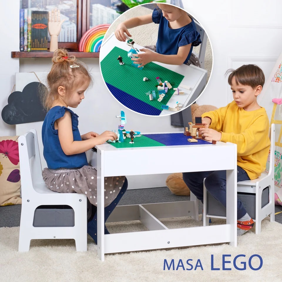 Masa cu scaune pentru copii si tabla compatibila cu piese Lego din MDF alb-gri 3-6 ani - 7