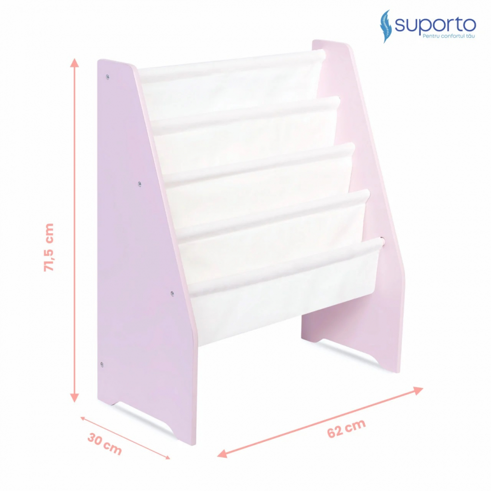 Raft de carti pentru copii Suporto Organizator cu etajere din textil pentru depozitare din lemn MDF roz - 1