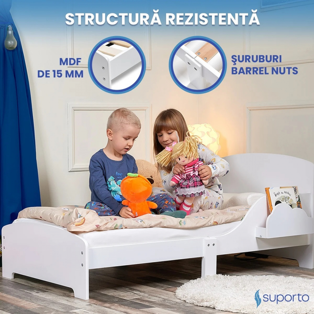 Pat copii cu protectie laterala si raft depozitare carti si jucarii model Norisor 3-8 ani din lemn MDF alb - 4