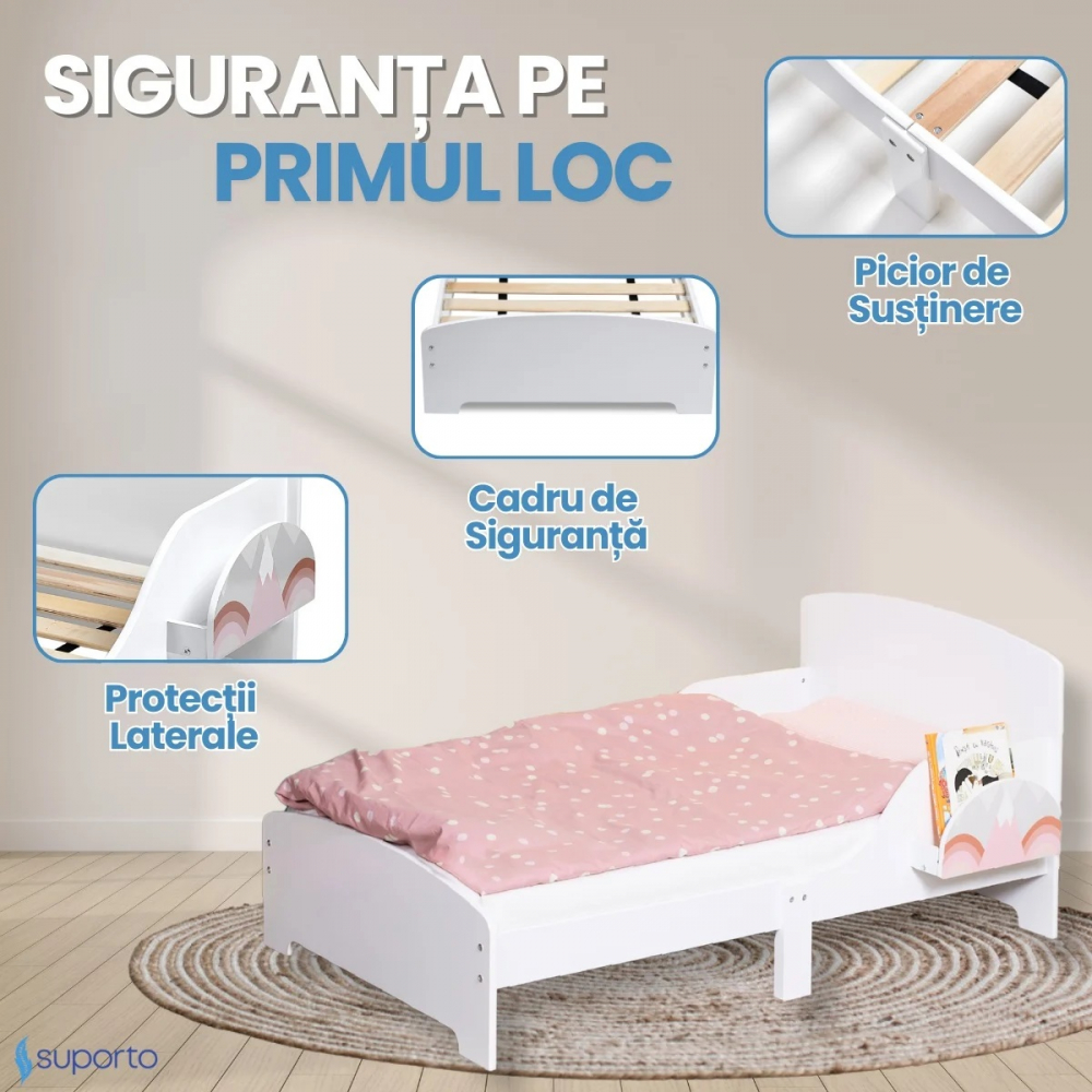 Pat copii cu protectie laterala si raft depozitare carti si jucarii model Curcubeu 3-8 ani din lemn MDF alb - 1