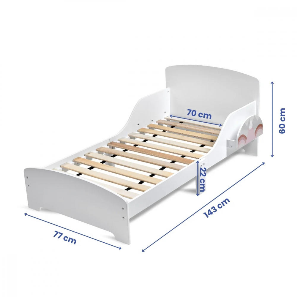 Pat copii cu protectie laterala si raft depozitare carti si jucarii model Curcubeu 3-8 ani din lemn MDF alb - 4