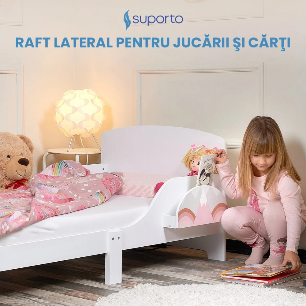 Pat copii cu protectie laterala si raft depozitare carti si jucarii model Curcubeu 3-8 ani din lemn MDF alb - 5