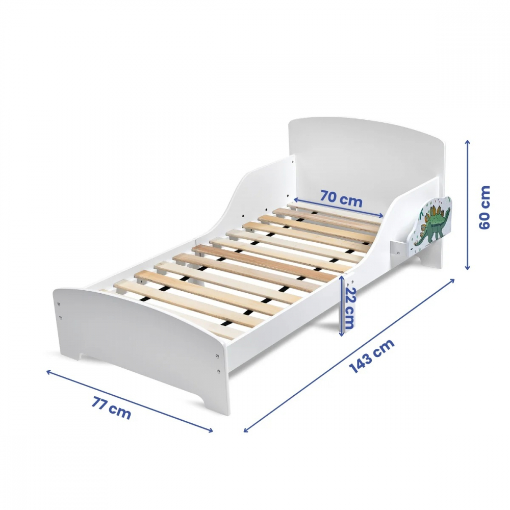 Pat copii cu protectie laterala si raft depozitare carti si jucarii model Dinozaur 3-8 ani din lemn MDF alb