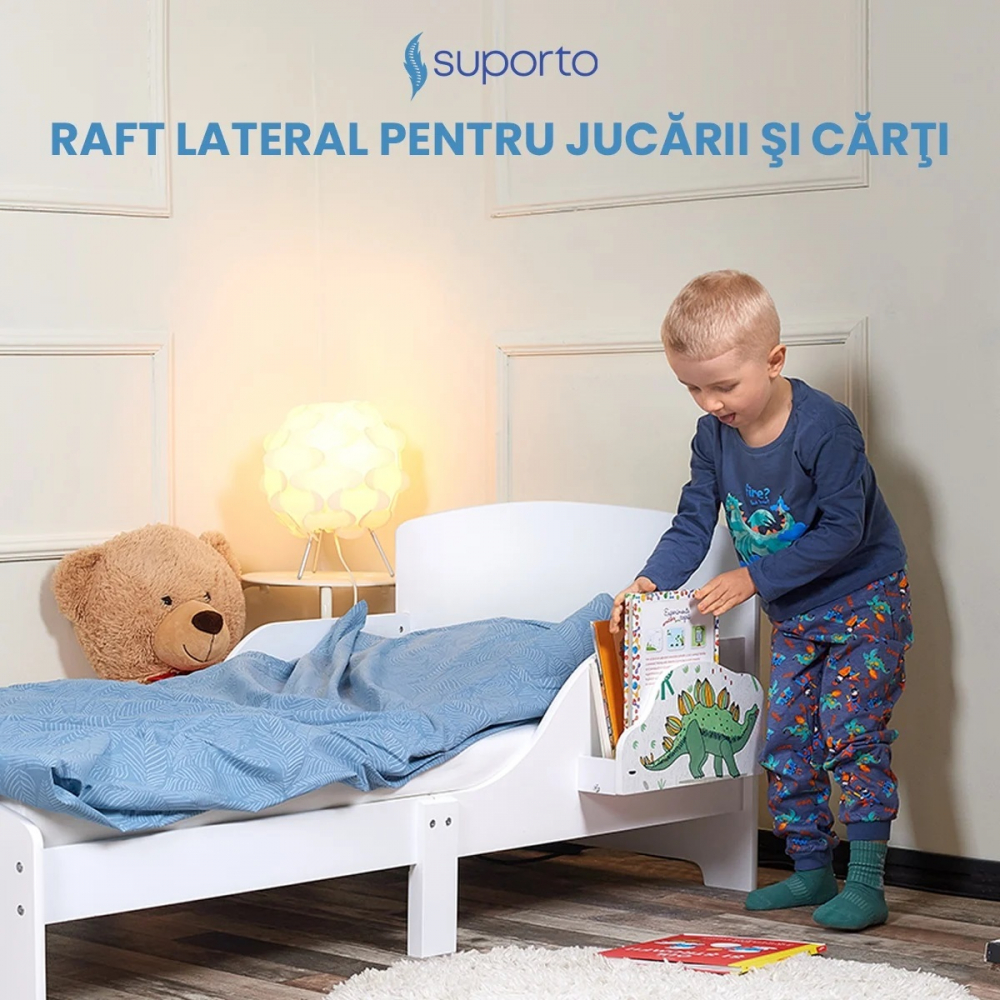 Pat copii cu protectie laterala si raft depozitare carti si jucarii model Dinozaur 3-8 ani din lemn MDF alb - 5