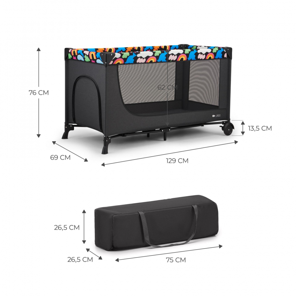 Patut pliabil cu un nivel KinderKraft Joy 2 cu salteluta si geanta de transport Happy Shapes, roti dotate cu frana, iesire laterala cu fermoar - 2