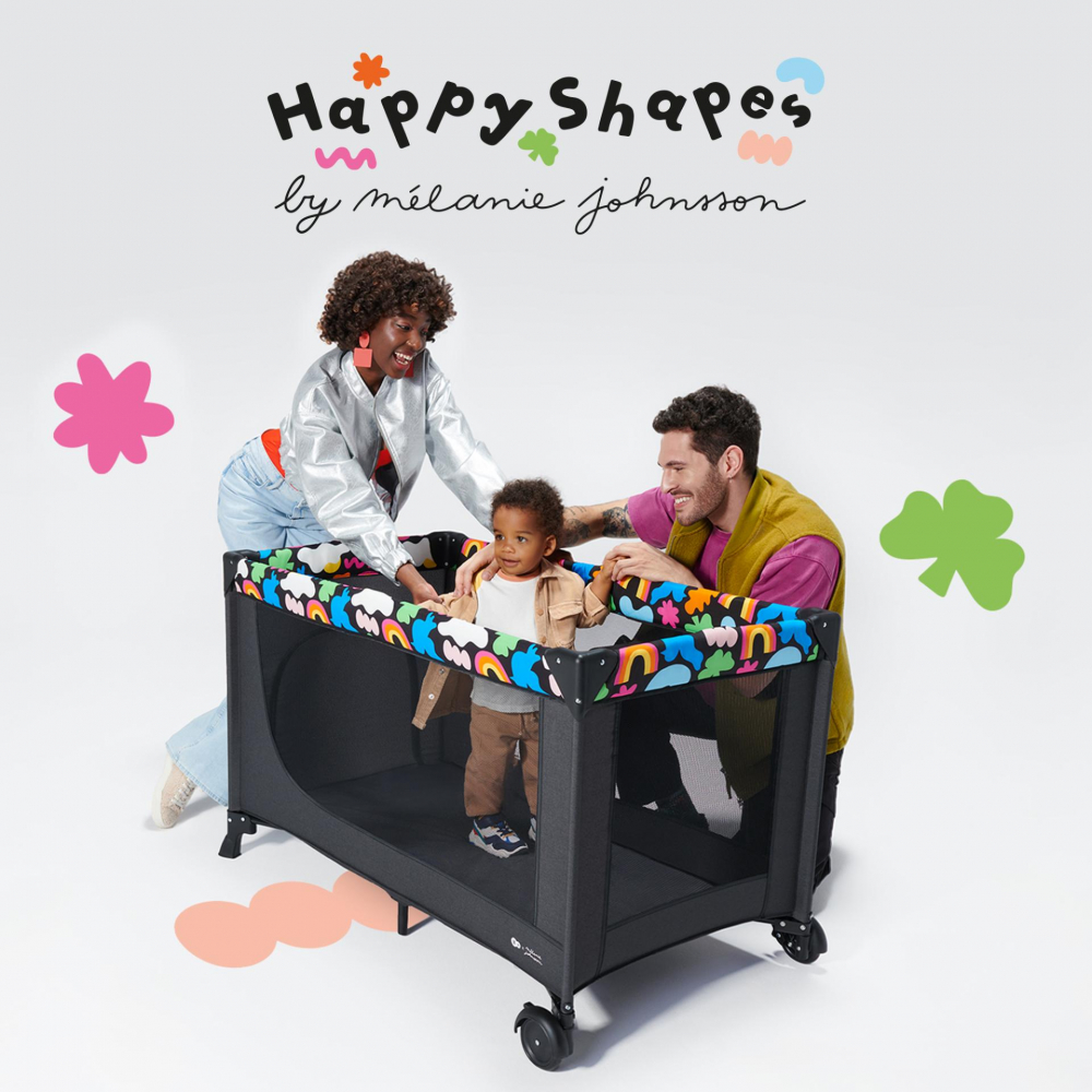 Patut pliabil cu un nivel KinderKraft Joy 2 cu salteluta si geanta de transport Happy Shapes, roti dotate cu frana, iesire laterala cu fermoar - 4