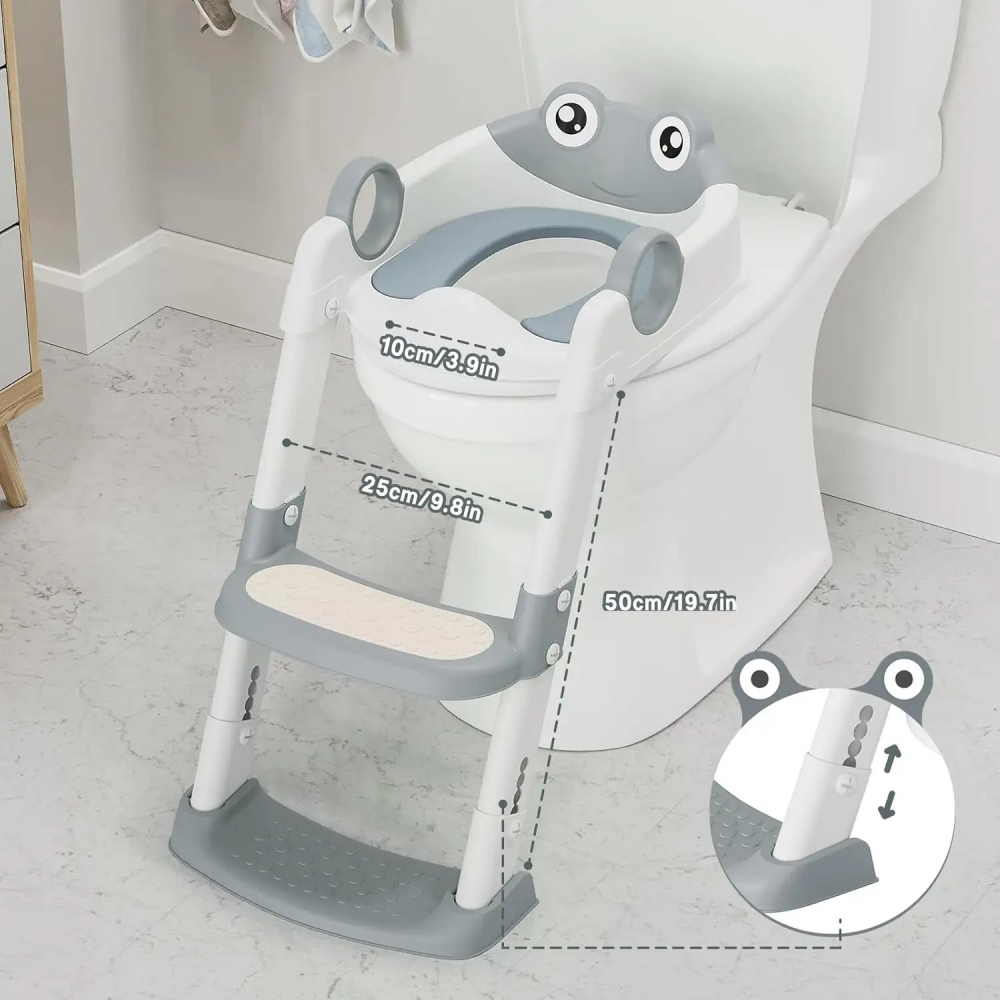 Reductor WC copii Little Mom Grey Frog, pliabil, cu colac detasabil moale din PU, inaltime reglabila pe 5 nivele, manere ergonomice si protectie antistropire, compatibilitate universala, baza antiderapanta - 3 | YEO