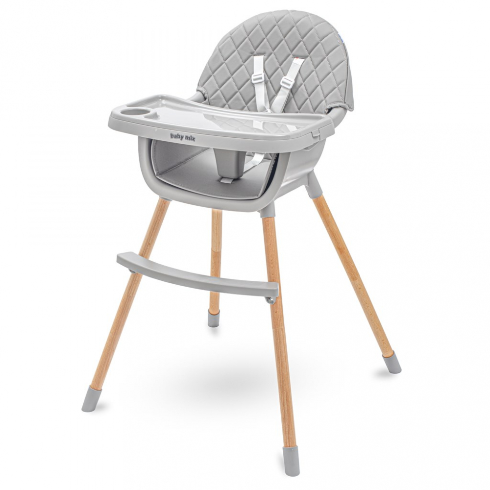 Scaun de masa 2in1 transformabil in scaunel clasic cu cos pentru accesorii,husa detasabila,tavita dubla detasabila,centura de siguranta si suport picioare Freja Wooden Dark Grey