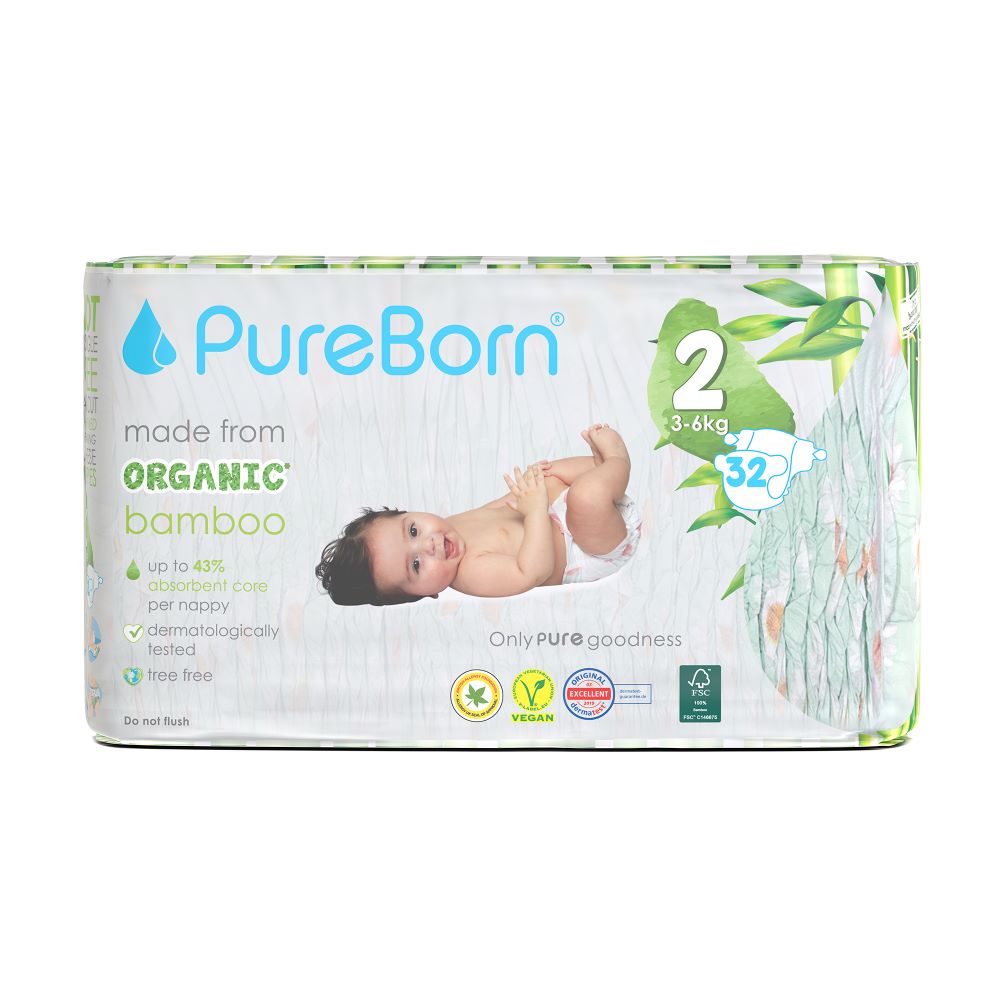 Scutece PureBorn din bambus organic 3-6 kg marime 2, 32 buc