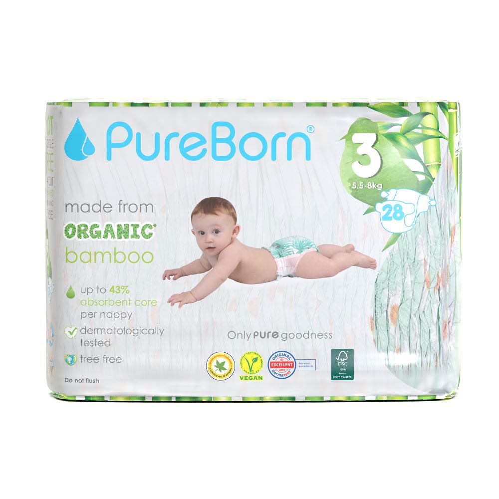 Scutece PureBorn din bambus organic 5.5-8 kg marime 3, 28 buc