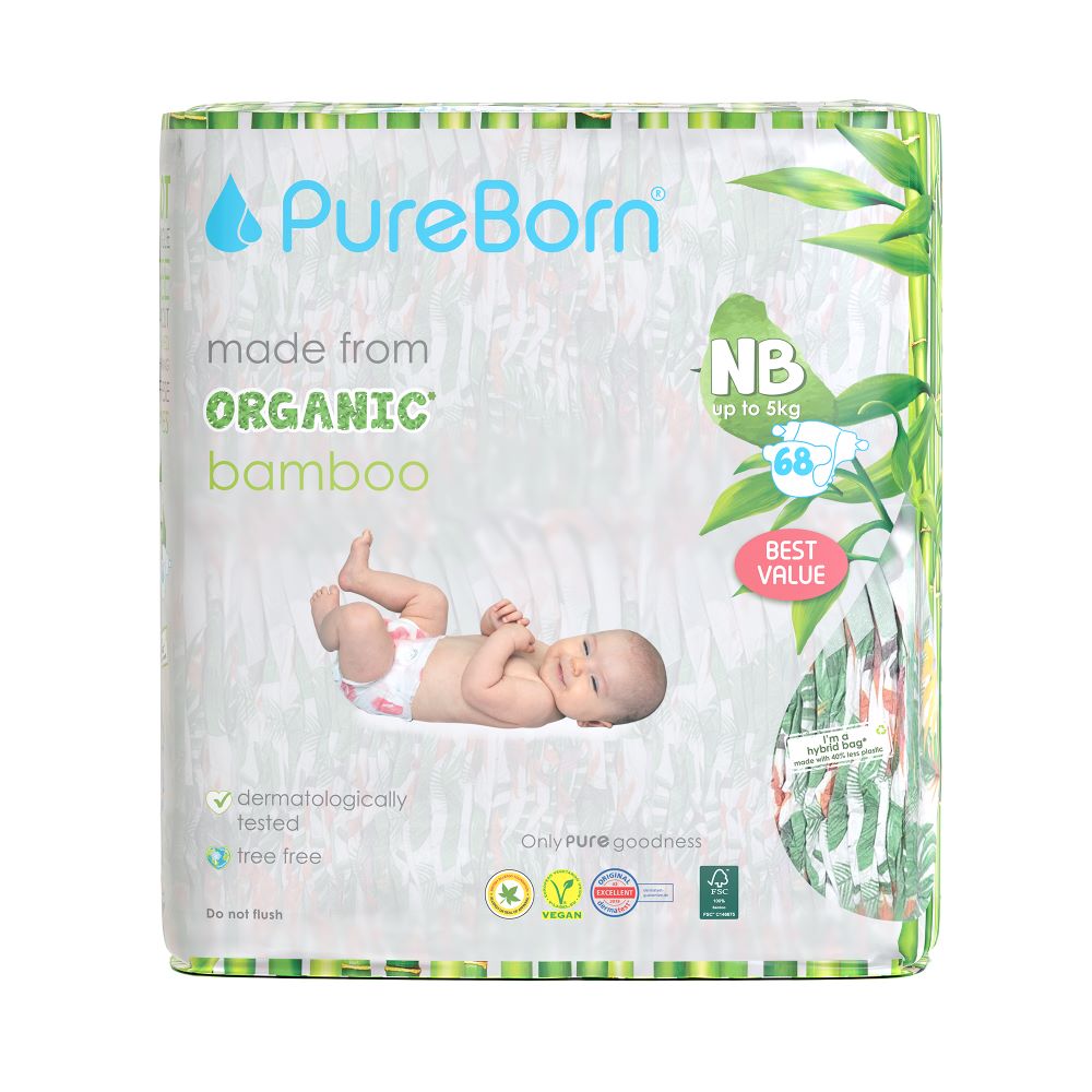 Scutece PureBorn din bambus organic newborn doublepack 0-4.5 kg 68 buc