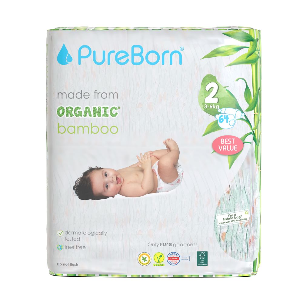 Scutece PureBorn din bambus organic newborn doublepack 3-6 kg, marime 2, 64 buc