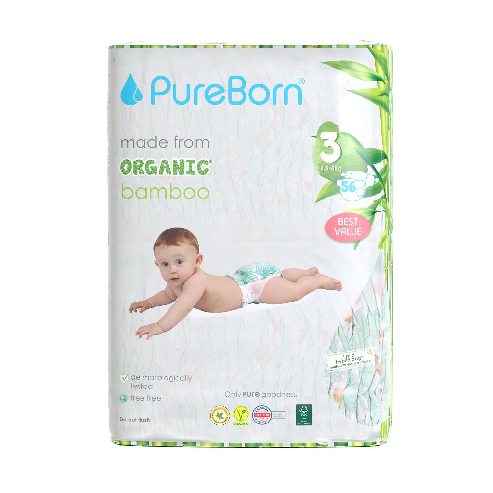 Scutece PureBorn din bambus organic newborn doublepack 5.5-8 kg, marime 3, 56 buc