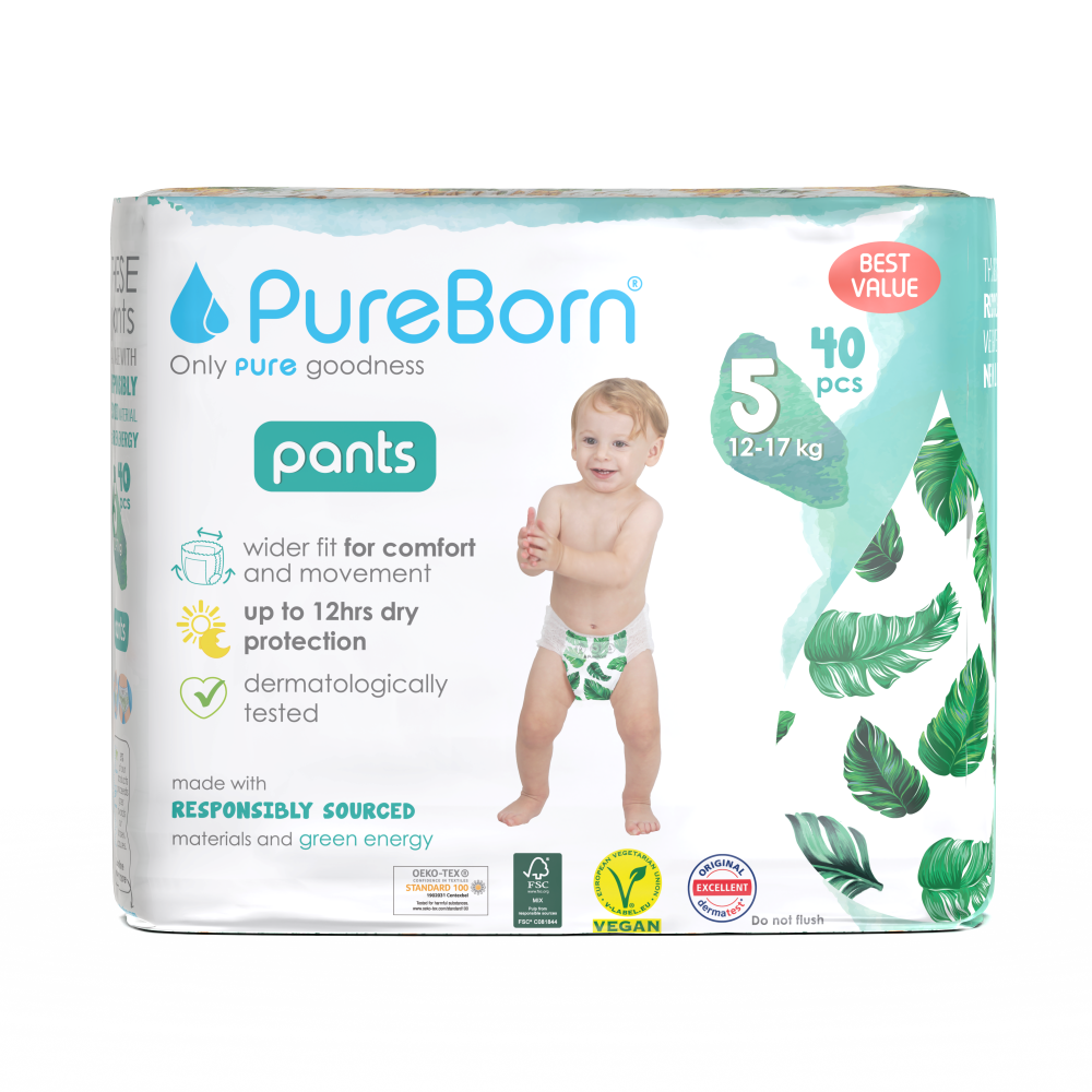 Scutece chilotel PureBorn din bambus organic pull-up doublepack 12-17 kg marime 5, 40 buc