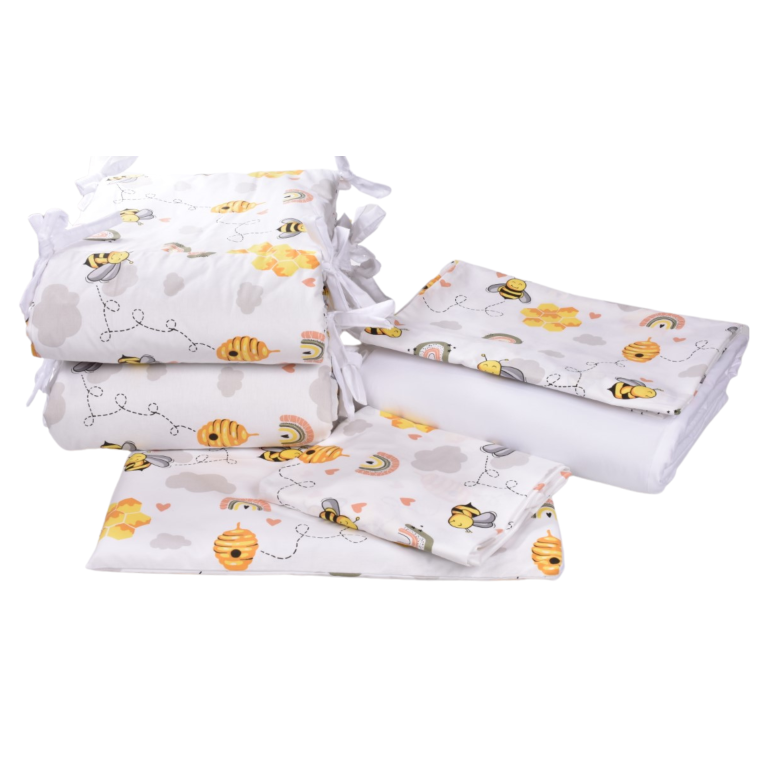 Set complet 10 piese lenjerie, aparatori, babynest, paturica model albinute patut 120x60 cm