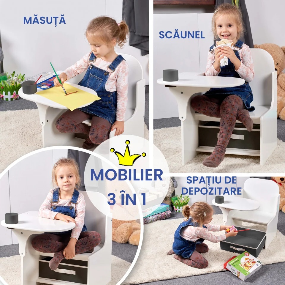 Set masuta cu scaun incorporat pentru copii 3 in 1 din lemn Mdf 3-6 ani alb-gri - 6