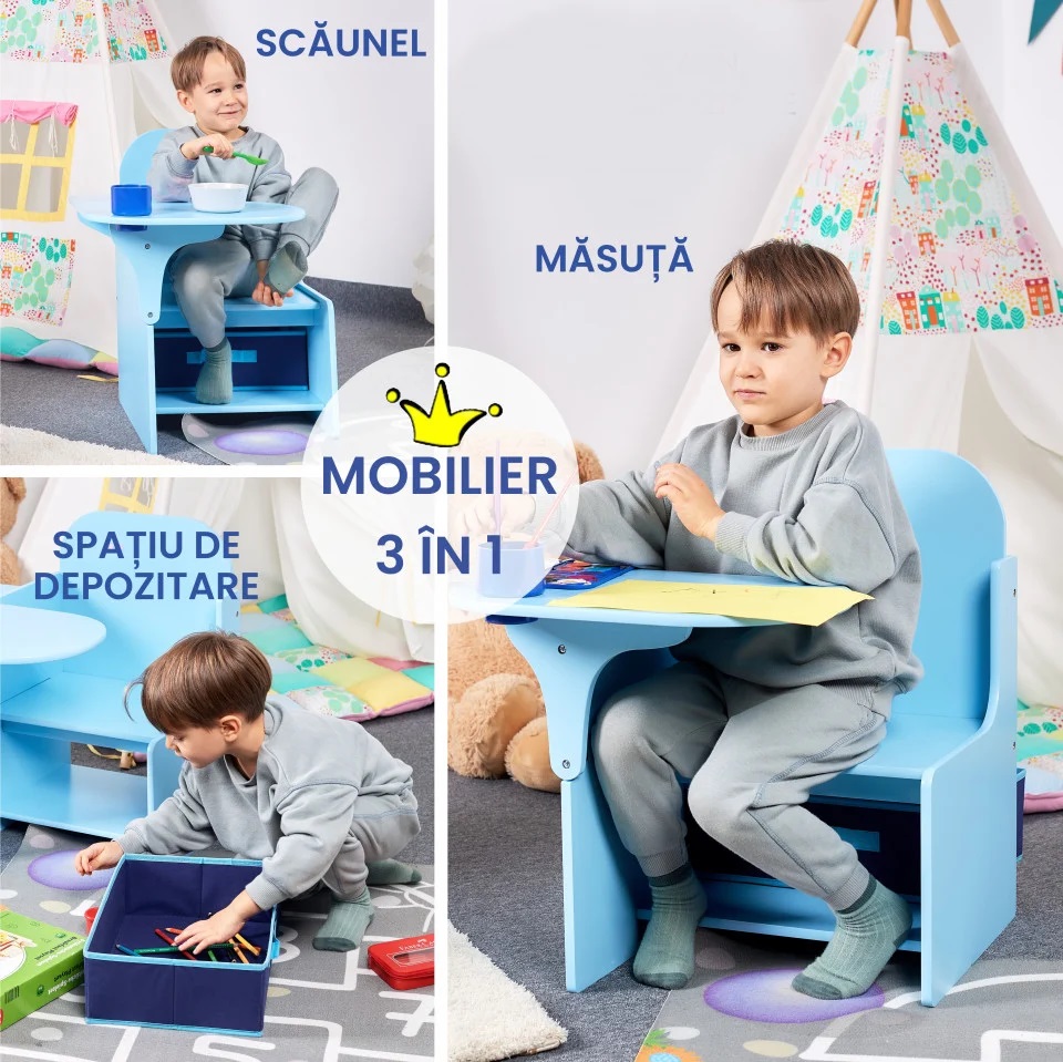 Set masuta cu scaun incorporat pentru copii 3 in 1 din lemn Mdf 3-6 ani albastru - 4