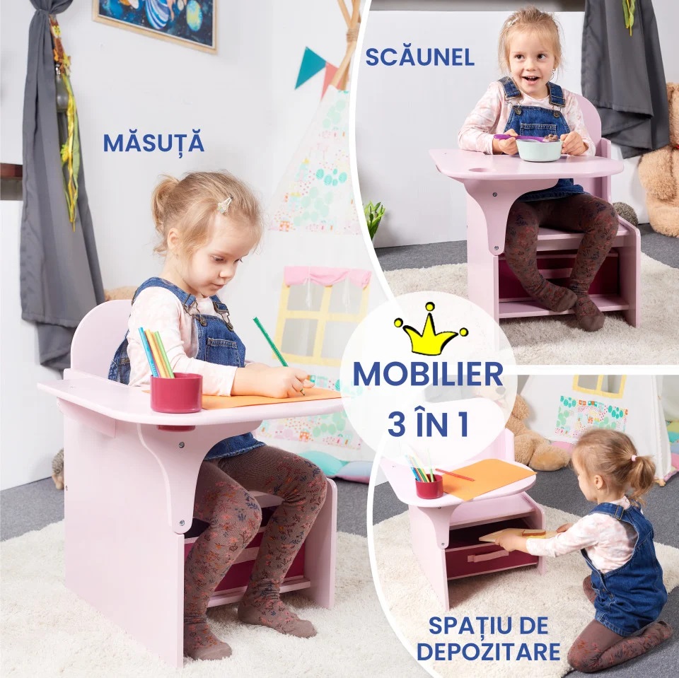 Set masuta cu scaun incorporat pentru copii 3 in 1 din lemn Mdf 3-6 ani roz - 1