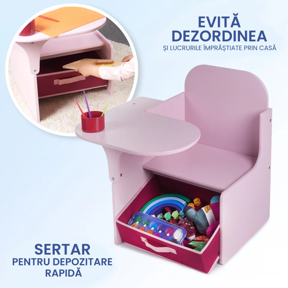 Set masuta cu scaun incorporat pentru copii 3 in 1 din lemn Mdf 3-6 ani roz - 6