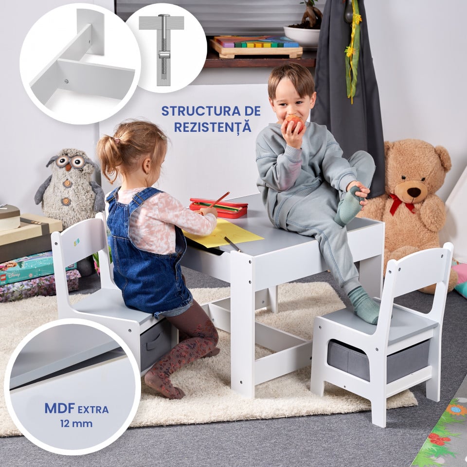 Set masuta cu scaune pentru copii din lemn MDF 3 in 1 alb-gri 3-6 ani - 5