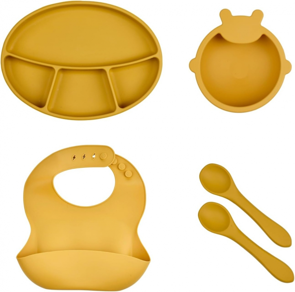 Pachet vesela din silicon Galben Thermobaby farfurie compartimentata cu ventuza, bol, baveta si 2 lingurite fara BPA