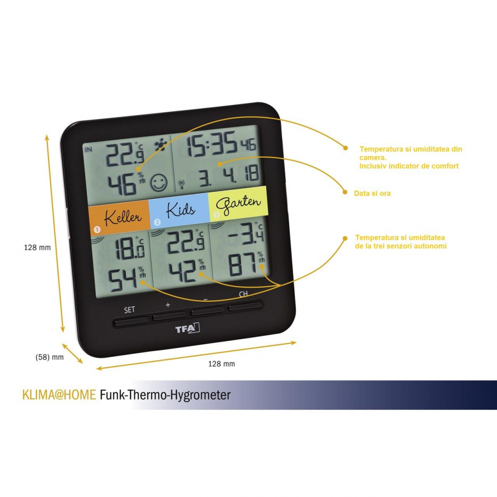 Termo-higrometru digital cu 3 senzori wireless Klimahome compatibil cu Weatherhub SmartHome