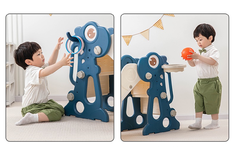 Tobogan pentru copii Nichiduta Garden Dinosaur Blue, de interiorexterior cu mini-cos de Baschet si joc de precizie cu inele, prevazut cu scara, manere de sustinere, design pliabil, dimensiune 150 x 67.5 cm - 1 | YEO