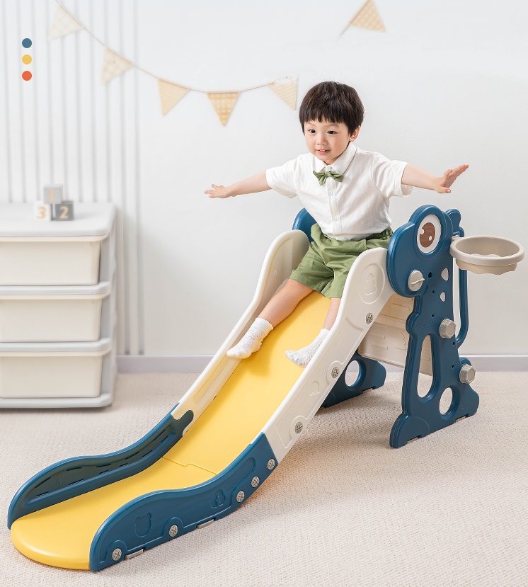 Tobogan pentru copii Nichiduta Garden Dinosaur Blue, de interiorexterior cu mini-cos de Baschet si joc de precizie cu inele, prevazut cu scara, manere de sustinere, design pliabil, dimensiune 150 x 67.5 cm - 3 | YEO