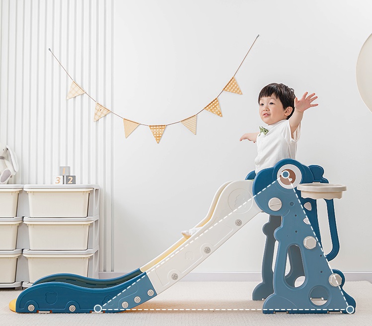 Tobogan pentru copii Nichiduta Garden Dinosaur Blue, de interiorexterior cu mini-cos de Baschet si joc de precizie cu inele, prevazut cu scara, manere de sustinere, design pliabil, dimensiune 150 x 67.5 cm - 5 | YEO