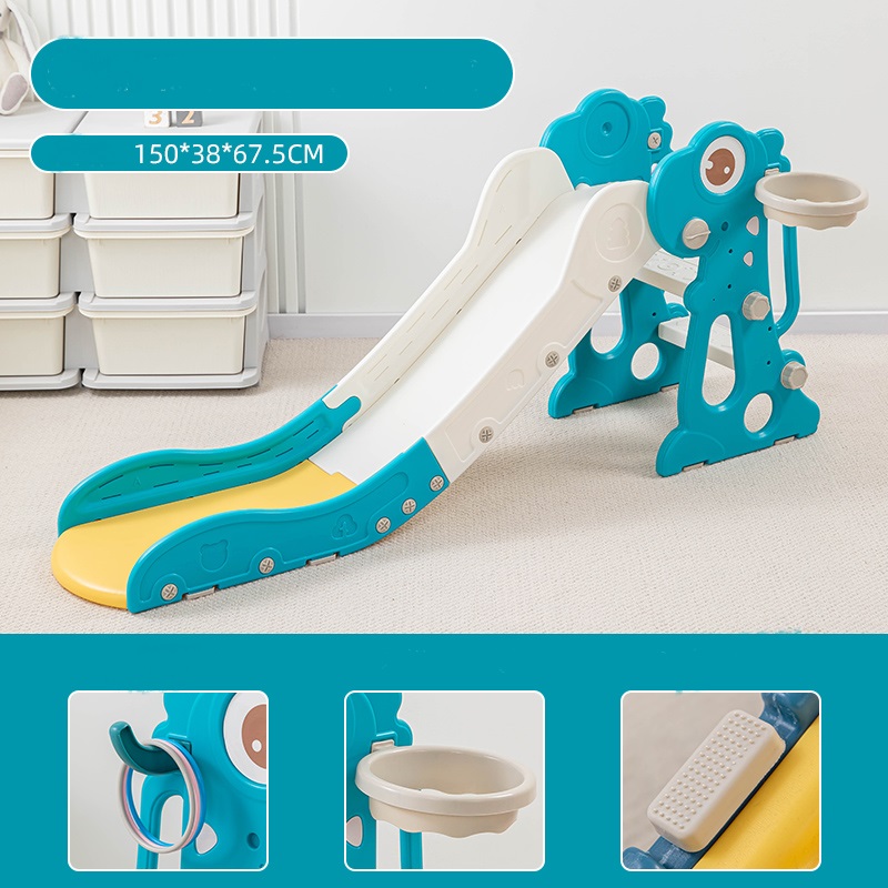 Tobogan pentru copii Nichiduta Garden Dinosaur Green, de interiorexterior cu mini-cos de Baschet si joc de precizie cu inele, prevazut cu scara, manere de sustinere, design pliabil, dimensiune 150 x 67.5 cm - 1 | YEO