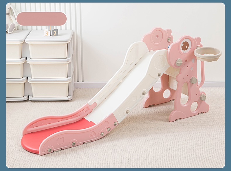 Tobogan pentru copii Nichiduta Garden Dinosaur Pink, de interiorexterior cu mini-cos de Baschet si joc de precizie cu inele, prevazut cu scara, manere de sustinere, design pliabil, dimensiune 150 x 67.5 cm - 1 | YEO