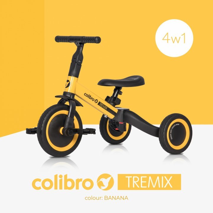 Tricicleta si bicicleta transformabila 4 in 1 ride on Colibro Tremix banana cu scaun reglabil, roti din cauciuc pana la 25 kg