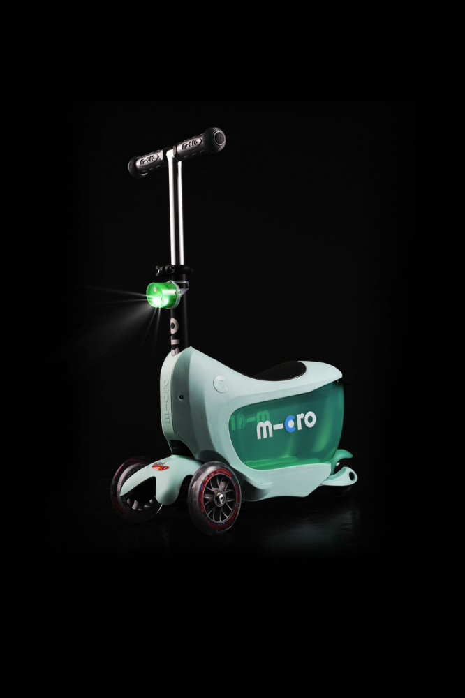 Trotineta Micro Mini2go Deluxe Plus Mint cu 3 roti, scaunel, spatiu depozitare, ghidon reglabil, maner parental telescopic, roti din silicon, suporta 50 kg - 1 | YEO