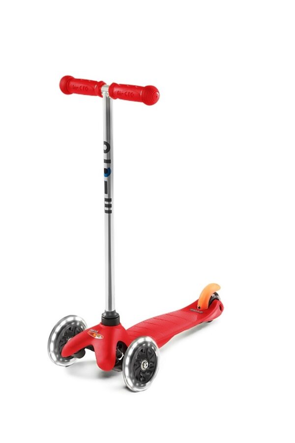 Trotineta Mini Micro Classic Red Led usoara, confortabila, silentioasa, ghidon detasabil, greutate 1.9 kg, varsta recomandata 2-5 ani