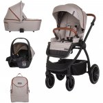 Carucior Chipolino Prestige 3 in 1 tiramisu cu suspensii, cadru din aluminiu, rucsac, husa picioare, greutate admisa 22 kg