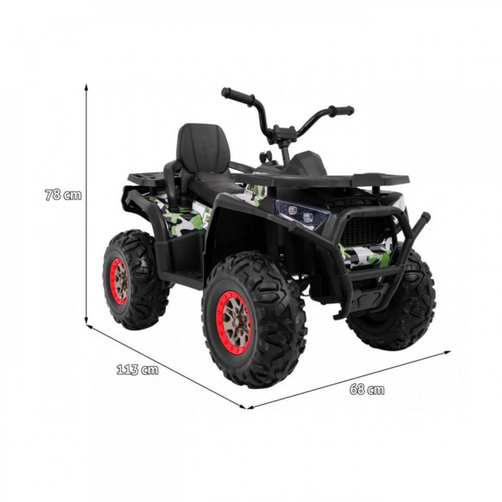 ATV electric pentru copii Novokids Desert Rider Camuflaj cu acumulator, Faruri luminoase, Roti din Cauciuc EVA, 3-12 ani, maxim 50 kg, 2 Baterii de 12V, Mp3USB, 2 Viteze, Lungime 111 cm, Model Offroad