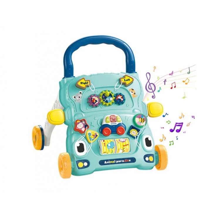 Antepremergator interactiv 2 in 1, cu activitati educative, butoane functionale, sunete, lumini si angrenaje rotative, Blue Car