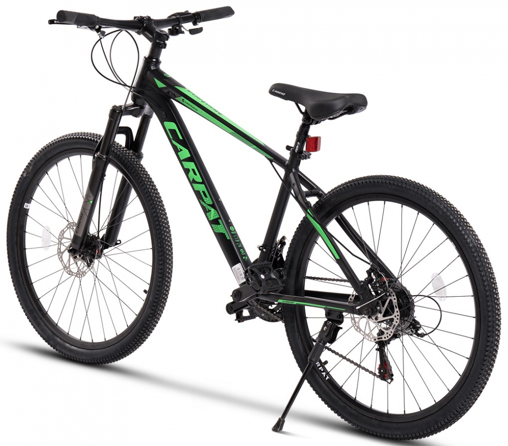 Bicicleta Carpat MTB Montana NegruVerde C2699A, schimbator spate Shimano Tourney TZ 7 viteze, manete schimbator secventiale 21 Viteze, cadru aluminiu, roti 26 inch, frane pe disc mecanice