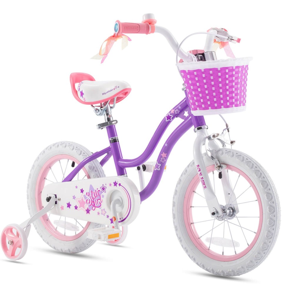 Bicicleta pentru copii Royal Baby StarGirl Mov cu roti ajutatoare, ghidon reglabil, cosulet, varsta 3-5 ani, roti 14 inch, cadru din otel, greutate suportata 50 kg