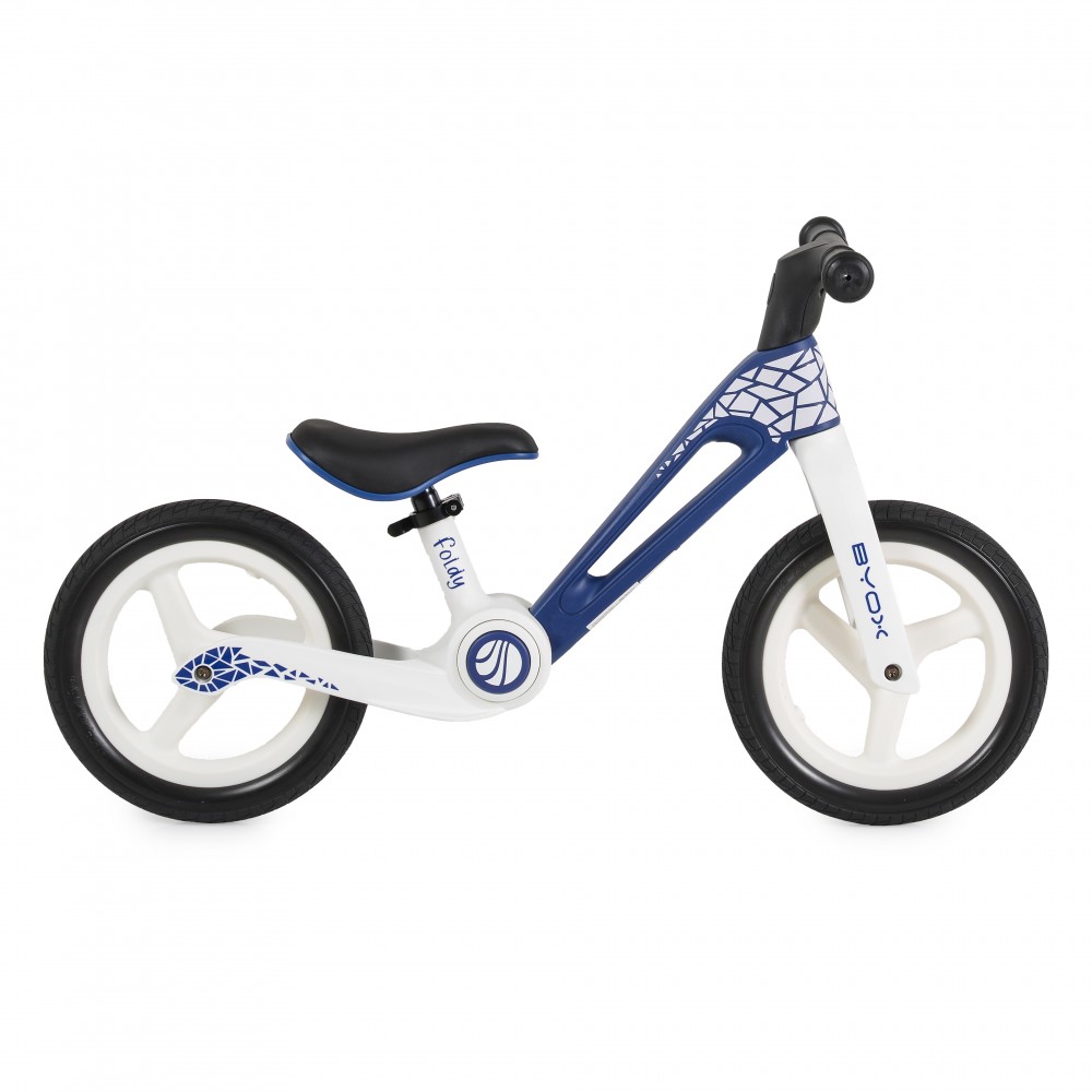 Bicicleta de echilibru fara pedale pentru copii Byox Foldy Blue Design pliabil Roti 12 inch din PU rezistent Sezut ergonomic reglabil Manere confortabile antiderapante Varsta recomandata 2ani+
