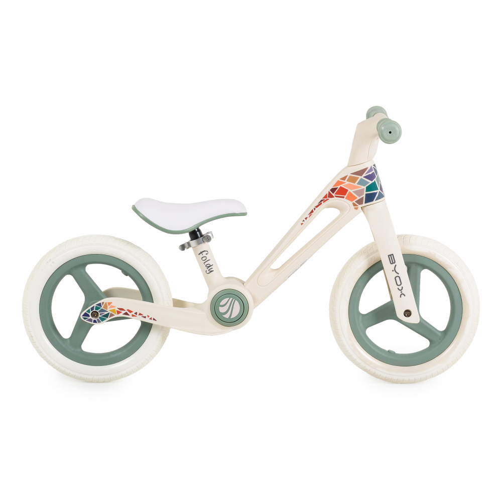 Bicicleta de echilibru fara pedale pentru copii Byox Foldy Green Design pliabil Roti 12 inch din PU rezistent Sezut ergonomic reglabil Manere confortabile antiderapante Varsta recomandata 2ani+