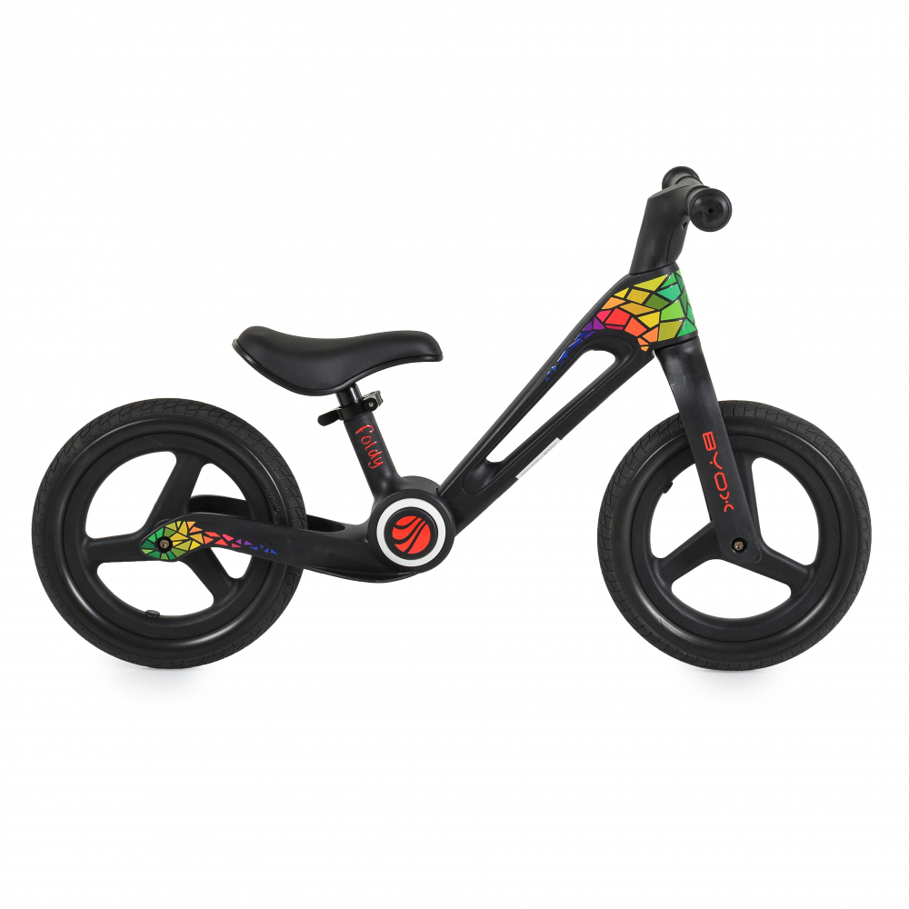 Bicicleta de echilibru fara pedale pentru copii Byox Foldy Black Design pliabil Roti 12 inch din PU rezistent Sezut ergonomic reglabil Manere confortabile antiderapante Varsta recomandata 2ani+
