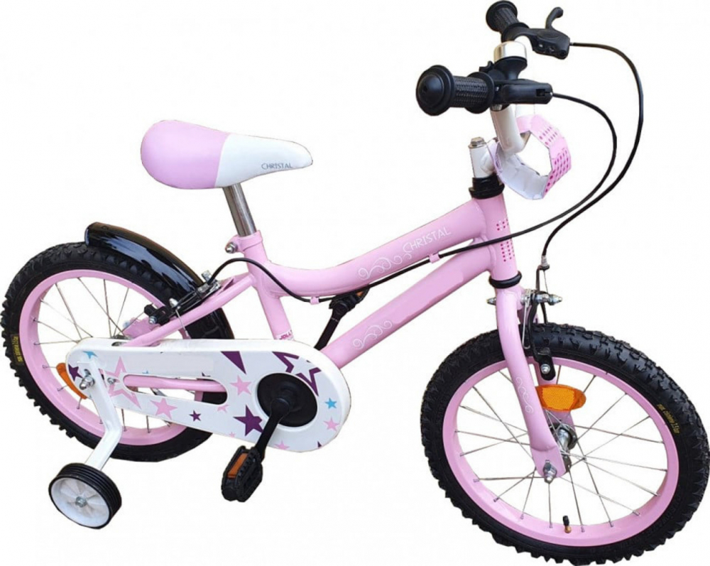 Bicicleta pentru copii Novokids Crystal Bike Roz, Roti 16 inch, Maxim 35 kg, Cadru din otel, Roti ajutatoare, Ghidon si sa reglabile pe inaltime